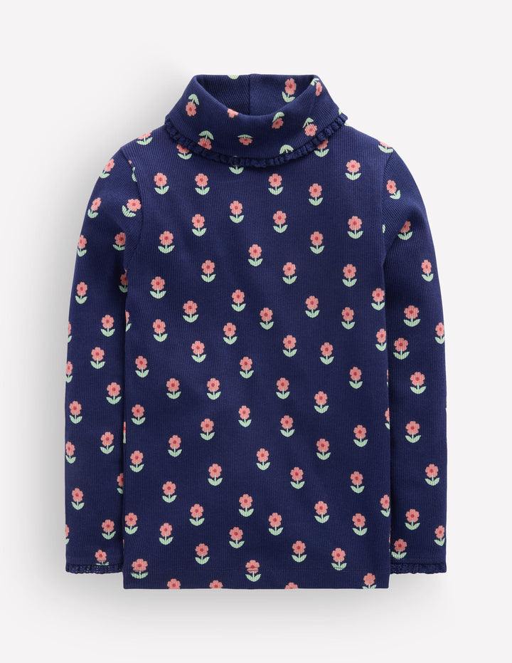 Lace Trim Roll Neck Top-Navy Flower Stamp