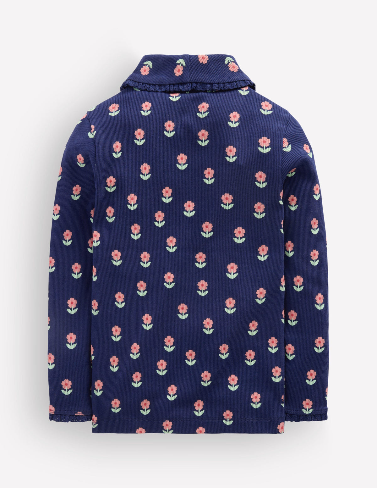 Lace Trim Roll Neck Top-Navy Flower Stamp - Image 2