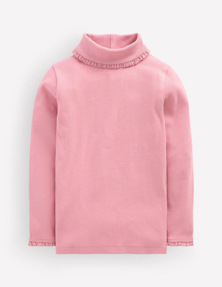 Lace Trim Roll Neck Top-Vintage Pink
