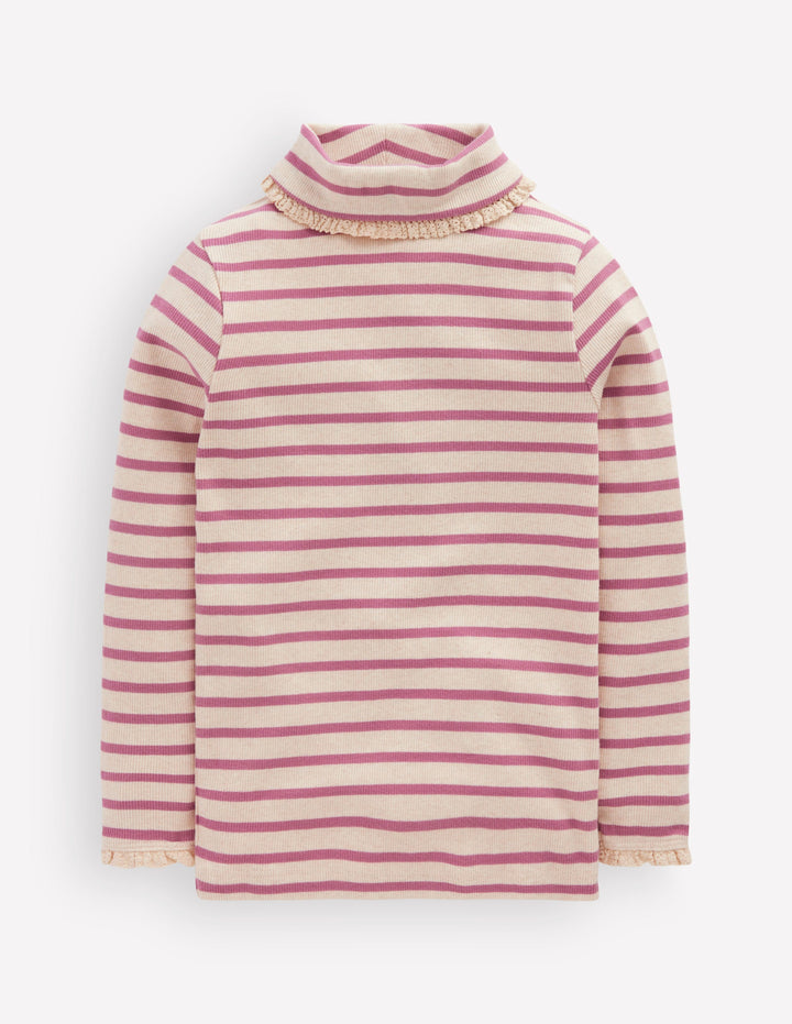 Lace Trim Roll Neck Top-Ivory/Pink Stripe