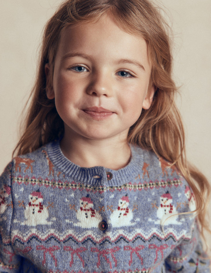 Edie Fair Isle Cardigan-Glacier Blue Snowy Christmas