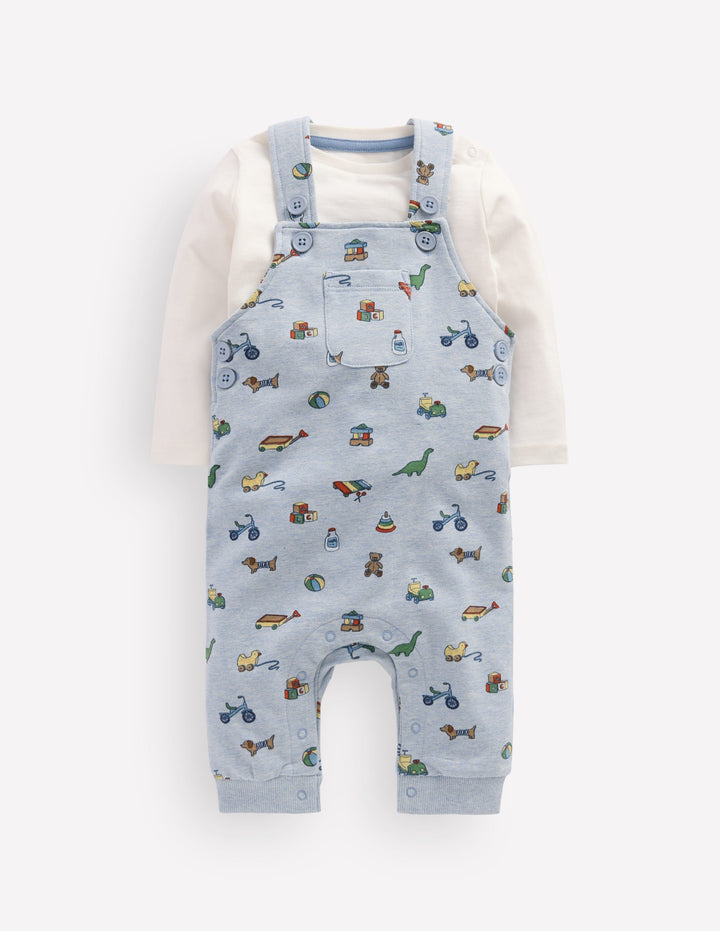 Jersey Dungarees Set-Blue Marl Playroom Print