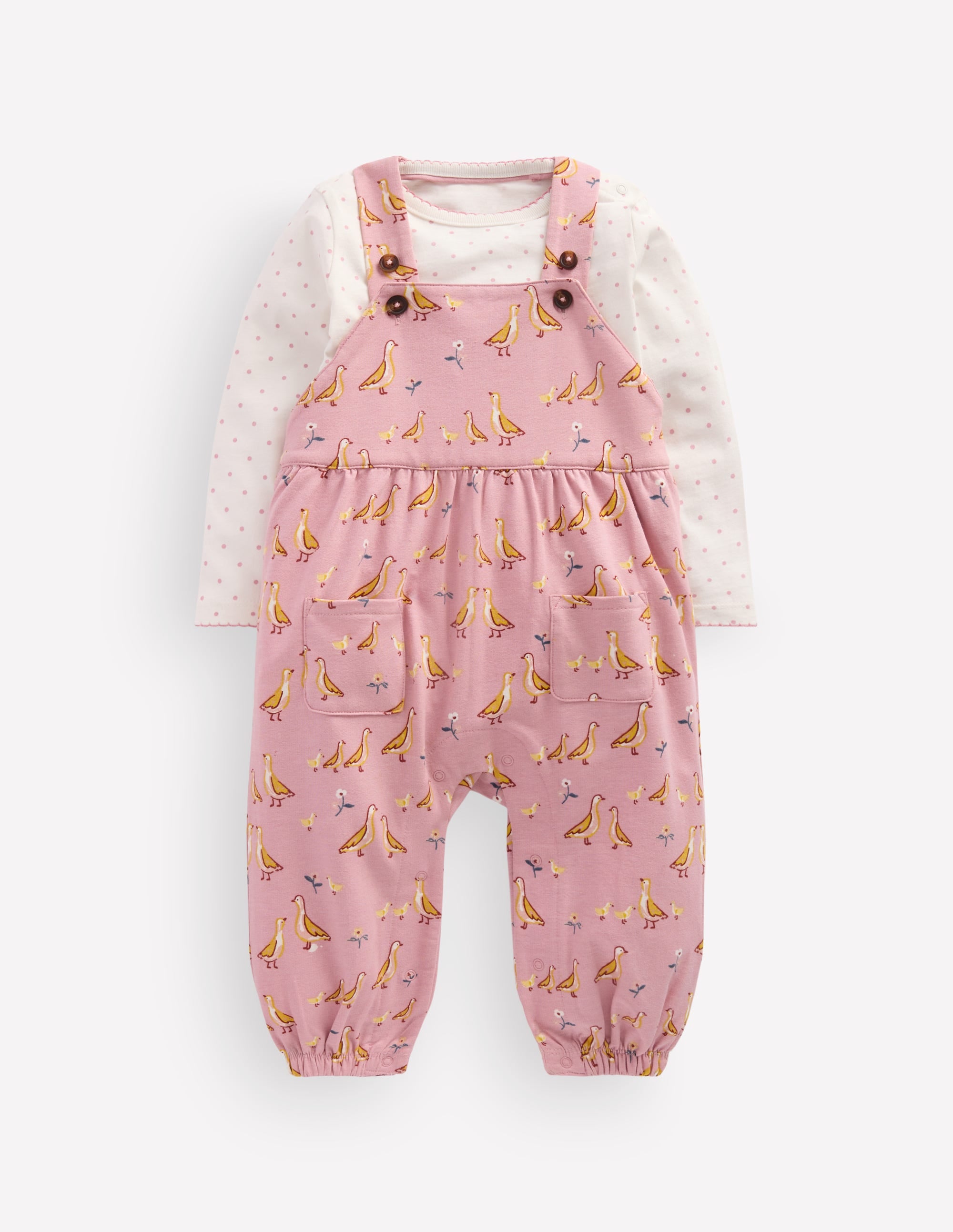 Jersey Dungarees Set-Pink Ducks - Image 1