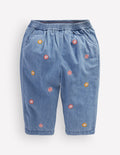 Embroidered Chambray Trousers-Embroidered Chambray