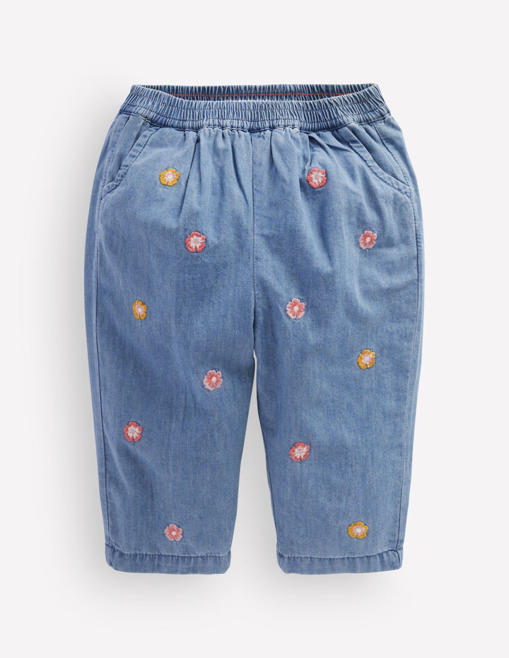 Embroidered Chambray Trousers-Embroidered Chambray