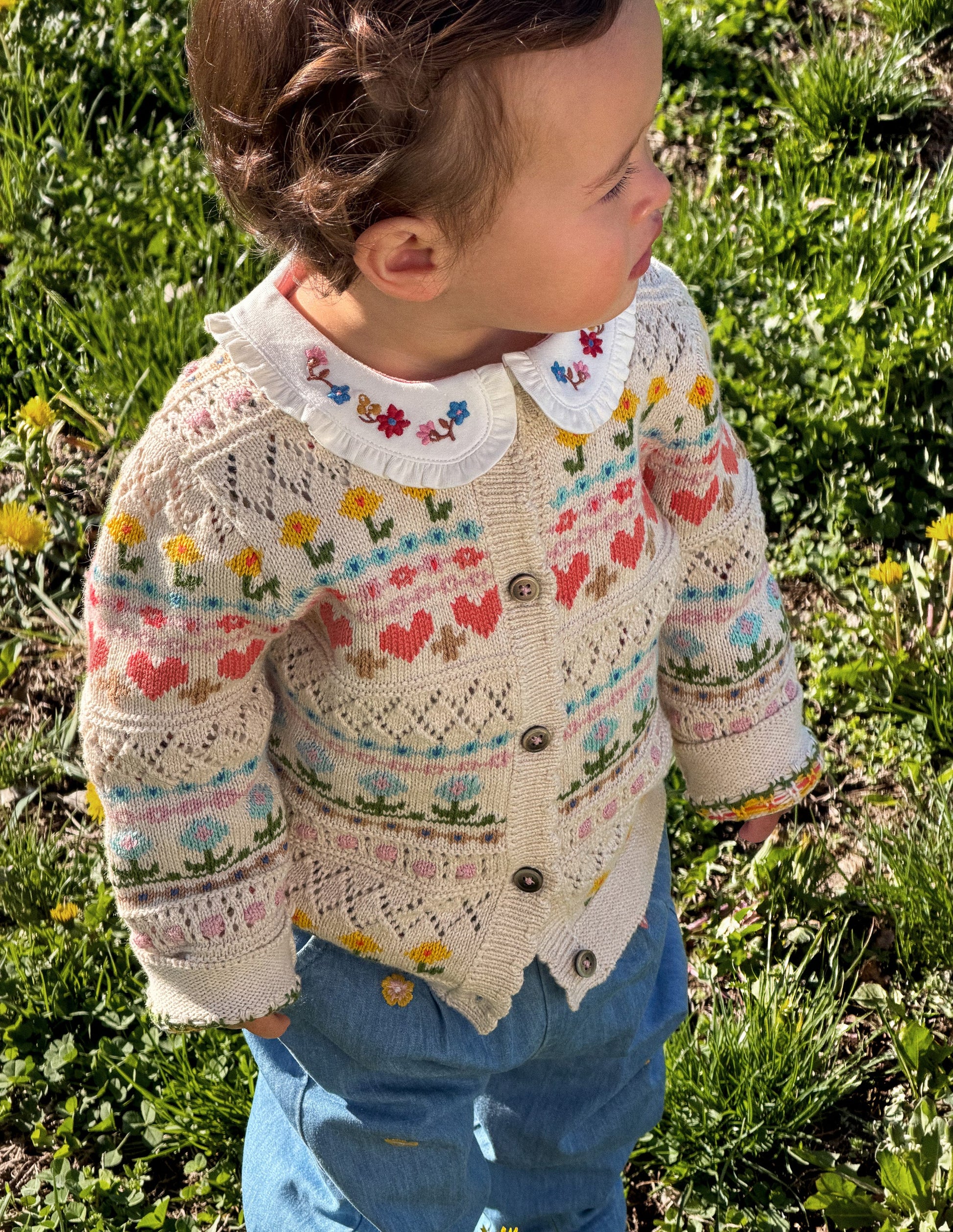 Cotton Fair Isle Cardigan-Oatmeal Marl Multi Flowers-1