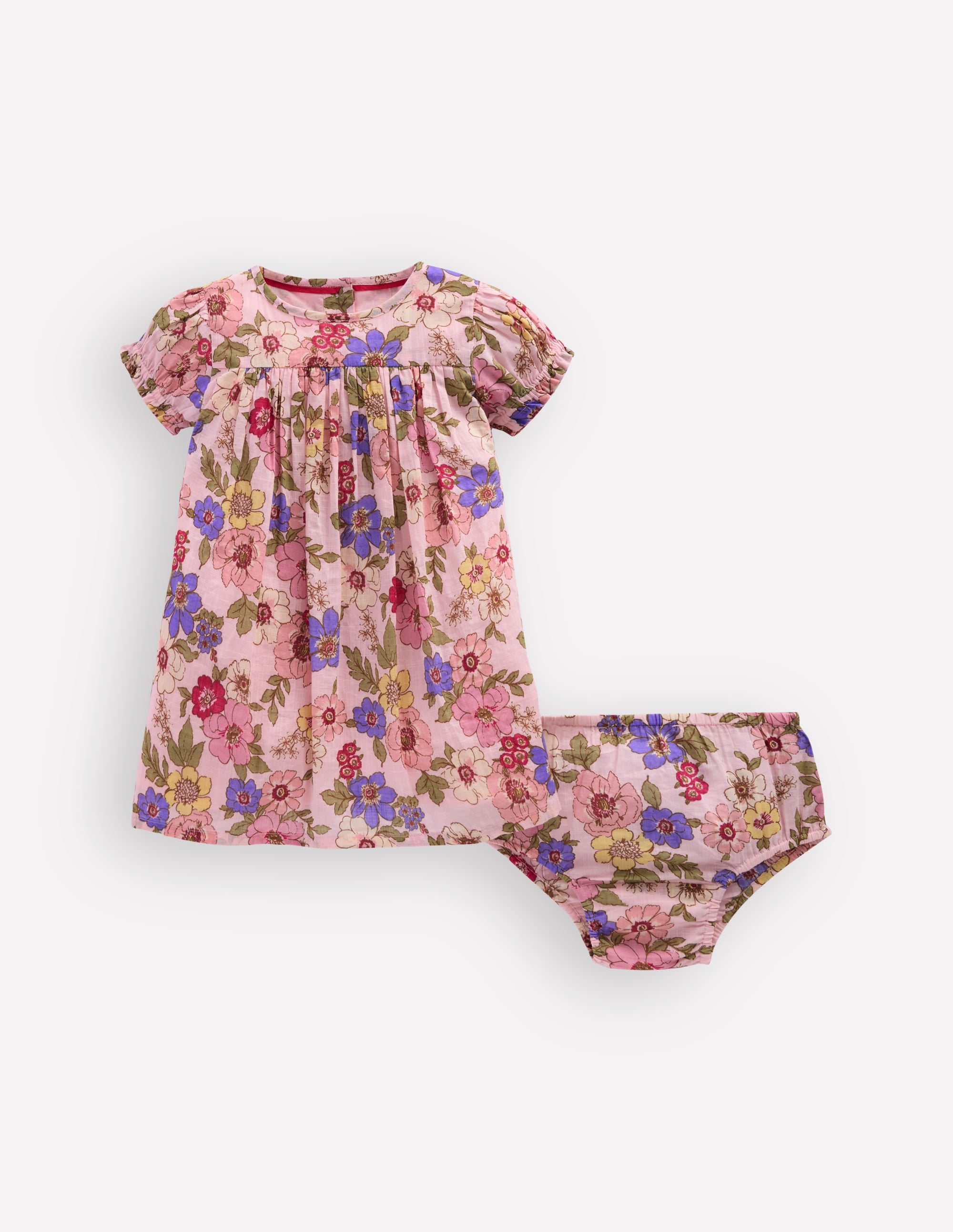 Gathered Woven Dress-Mid Pink Floral - Image 1