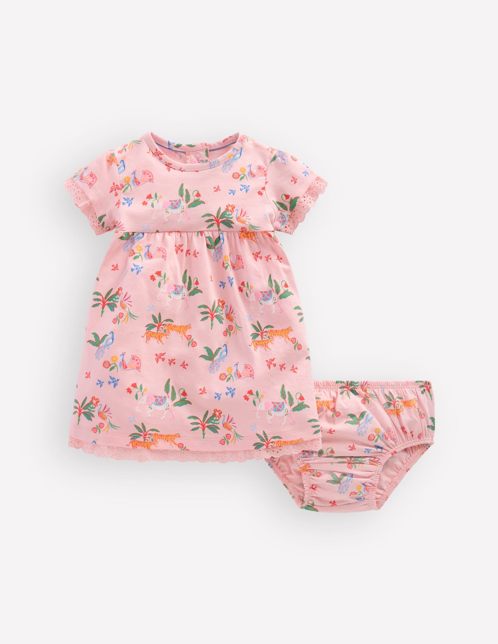 Broderie Trim Jersey Dress-Pink Tropical Animals-1