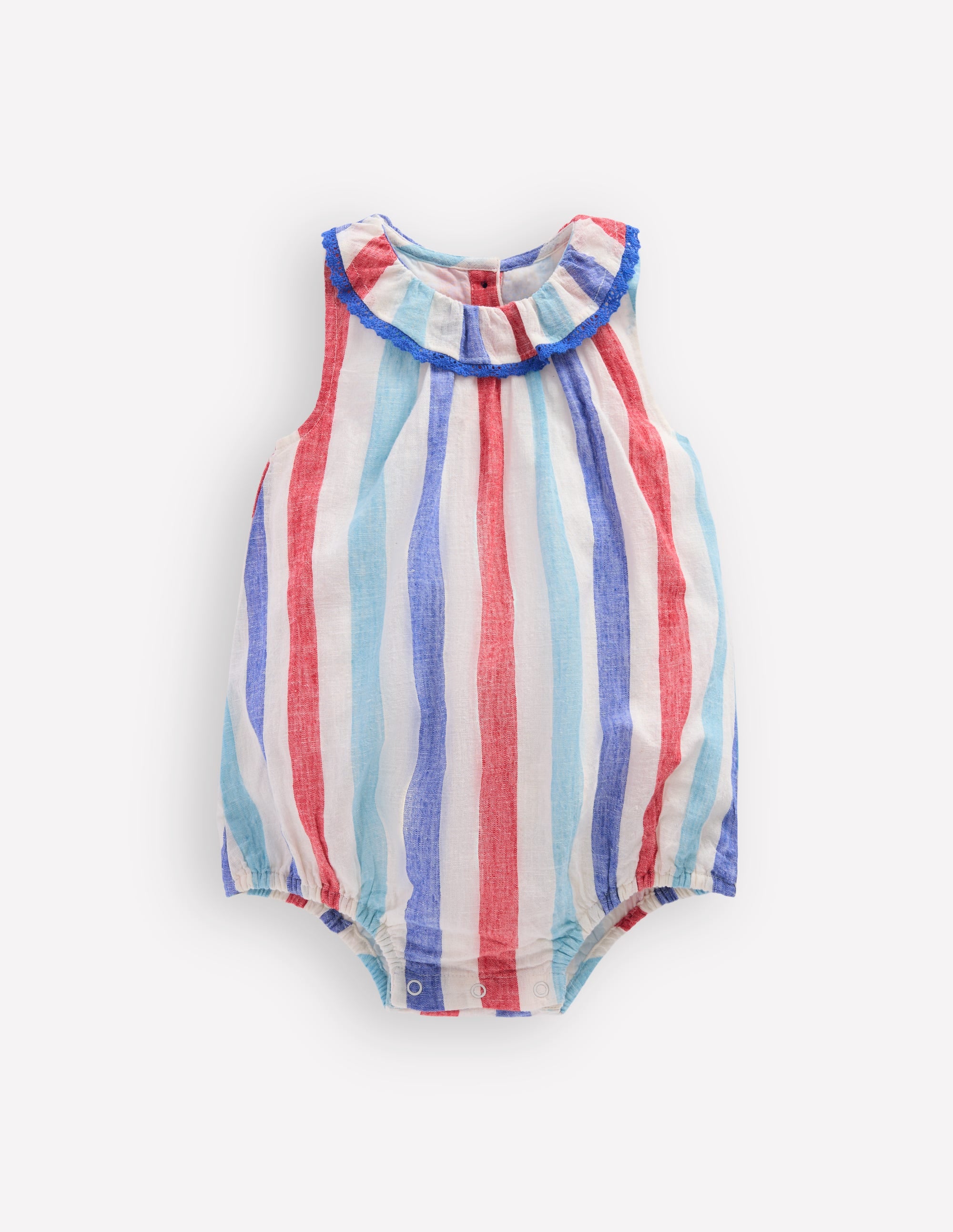 Frill Neck Bubble Romper-Red and Blue Multi Stripe - Image 2