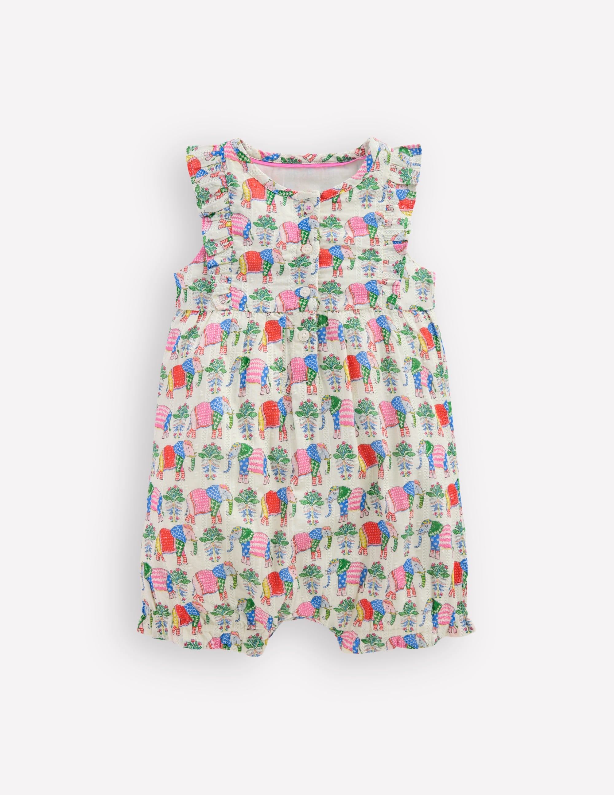 Short Frill Bubble Romper-Multi Elephant Woodblock - Image 1