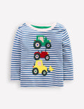 Long Sleeve Appliqué T-shirt-Blue Stripe Tractors