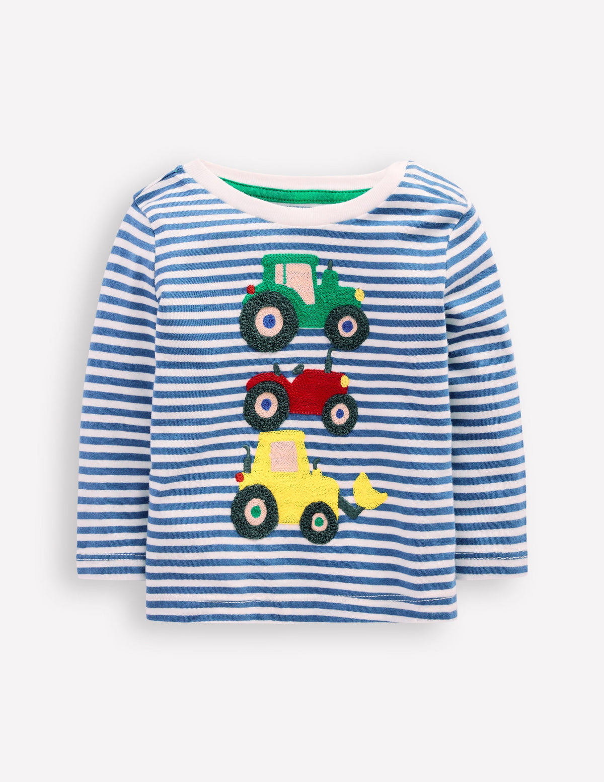 Long Sleeve Appliqué T-shirt-Blue Stripe Tractors - Image 1