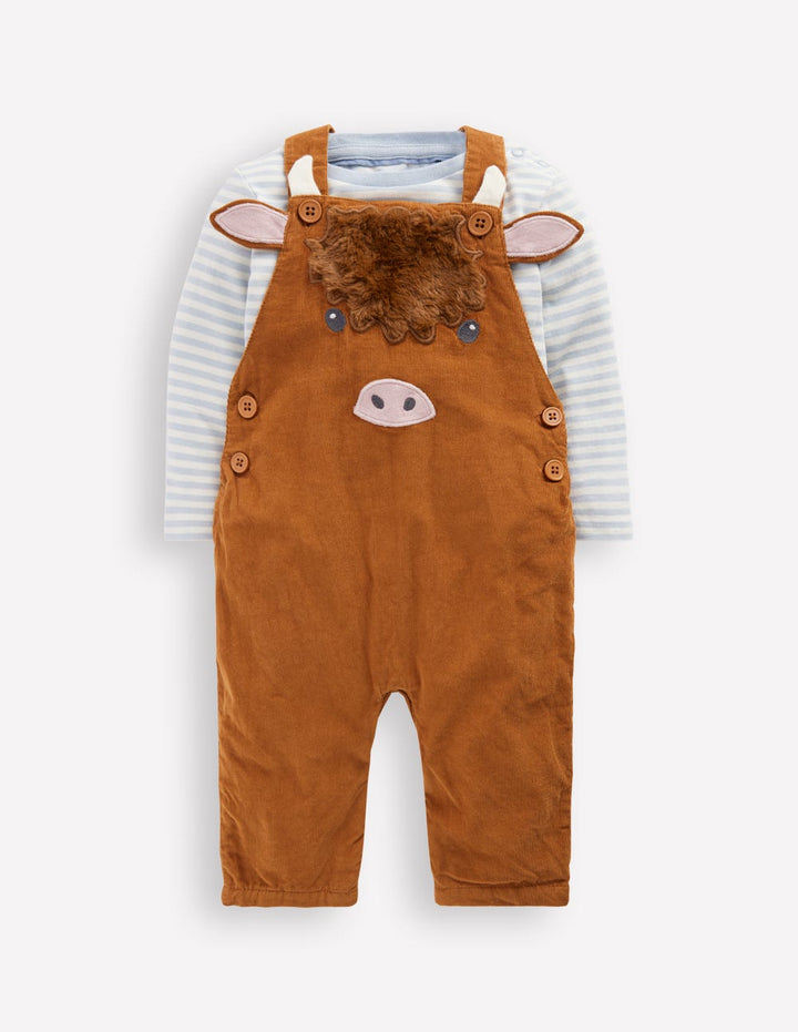 Novelty Cord Dungarees Set-Brown Highland Cow
