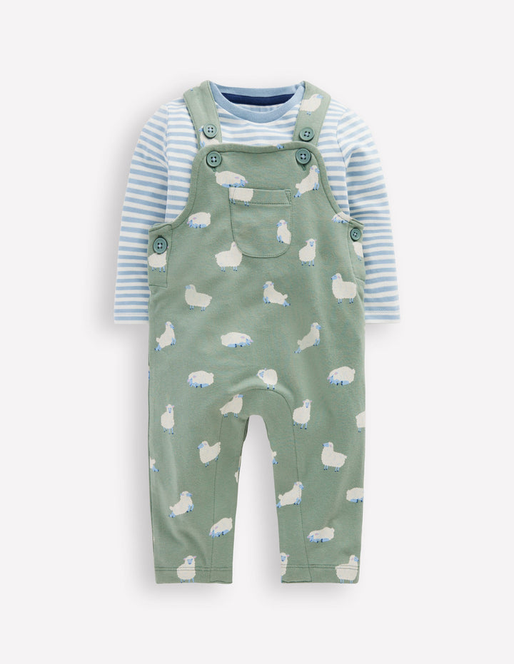 Jersey Dungaree Set-Green Sheep