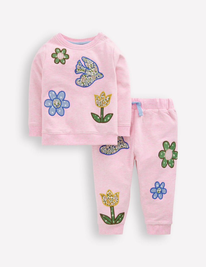 Applique Sweatshirt Set-Pink Floral Patchwork