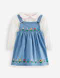 Embroidered Pinny Dress Set-Chambray Floral Embroidery