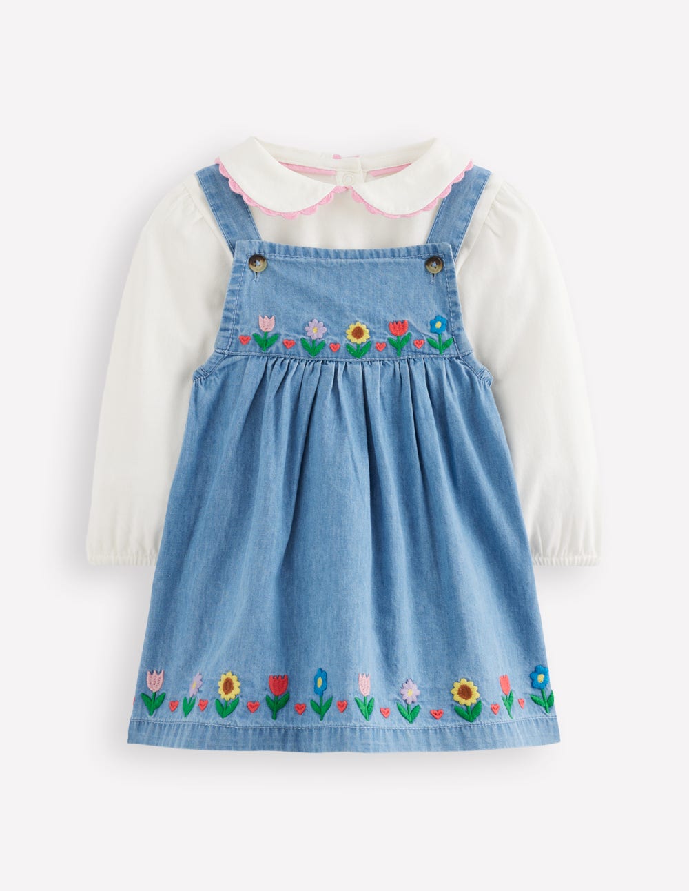Embroidered Pinny Dress Set-Chambray Floral Embroidery