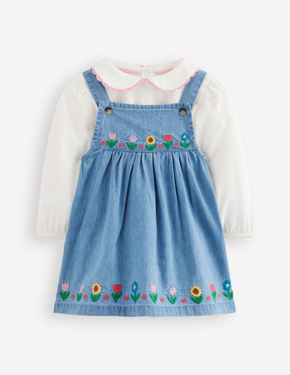 Embroidered Pinny Dress Set-Chambray Floral Embroidery-1