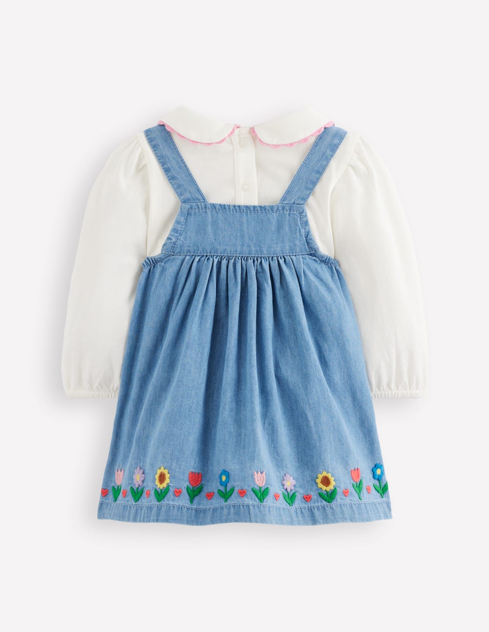 Embroidered Pinny Dress Set-Chambray Floral Embroidery - Image 2