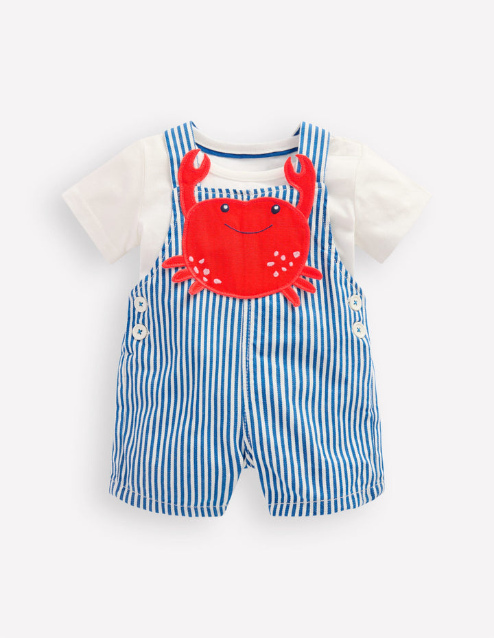 Novelty Woven Dungarees Set-Blue Stripe Crab
