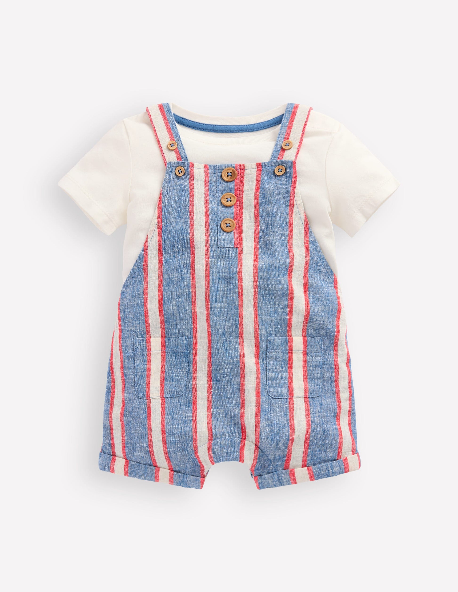 Short Woven Dungarees Set-Blue and Red Stripe-1