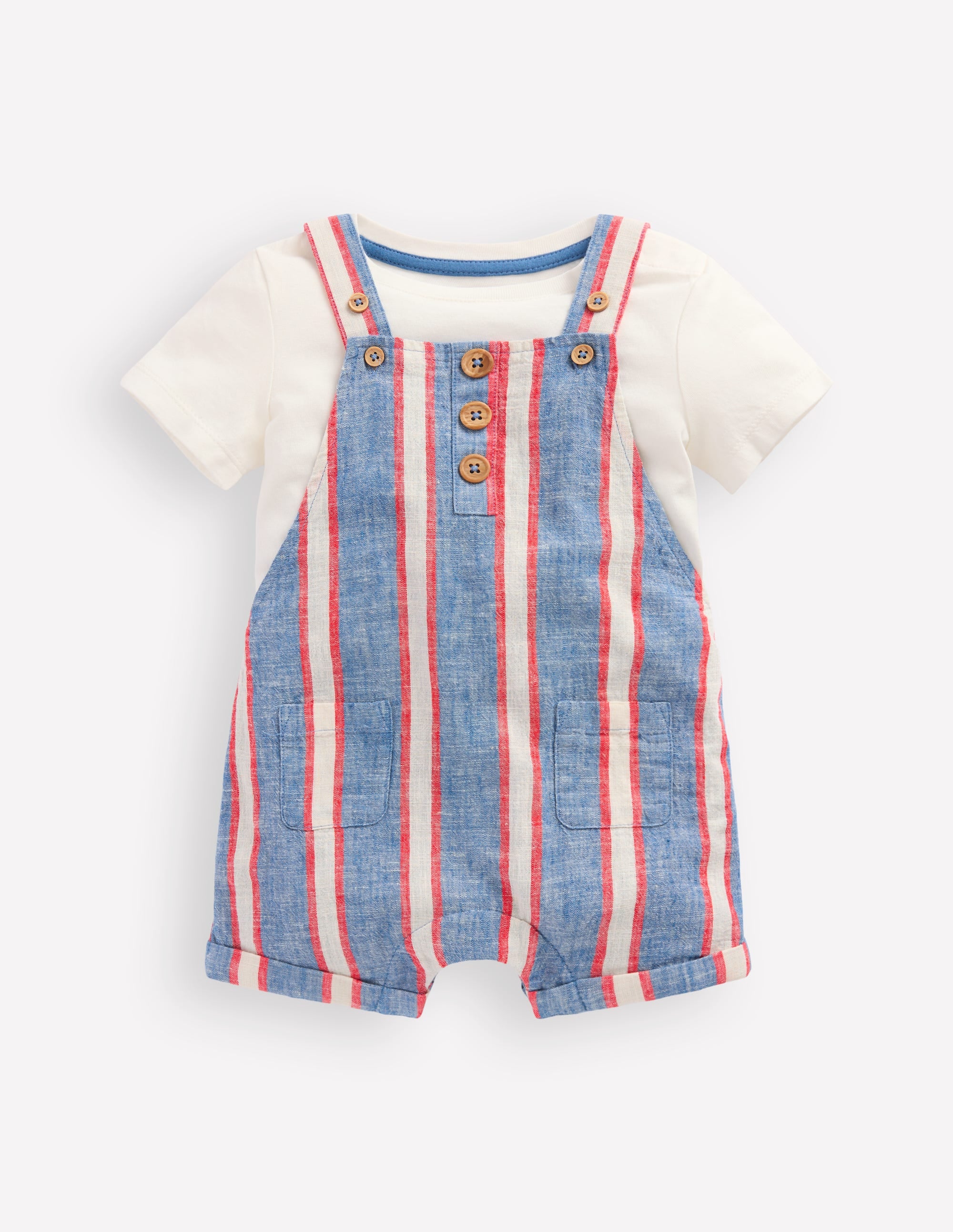 Short Woven Dungarees Set-Blue and Red Stripe - Image 1