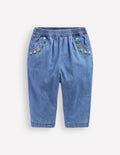 Embroidered Chambray Trousers-Embroidered Denim