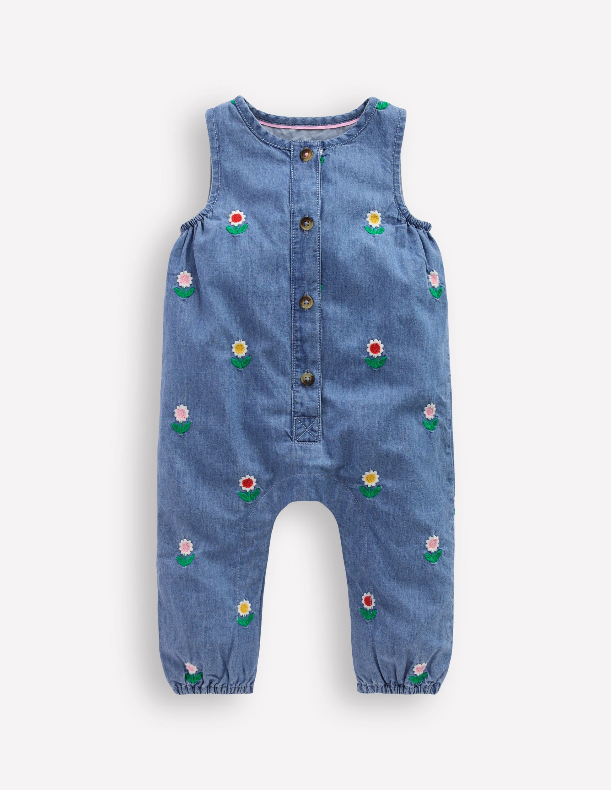 Embroidered Chambray Romper-Floral Embroidered Chambray-1