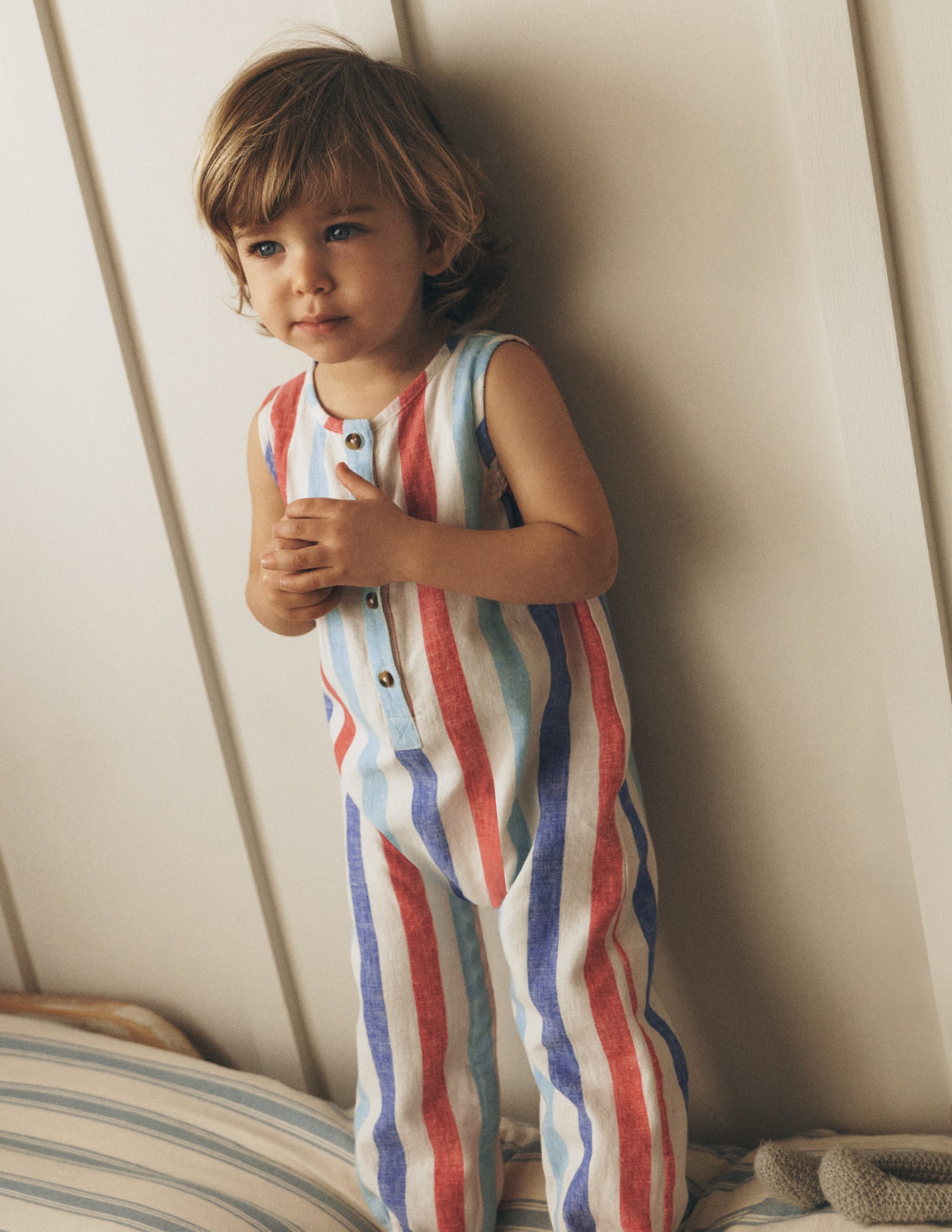 Button Down Romper-Red and Blue Multi Stripe - Image 1