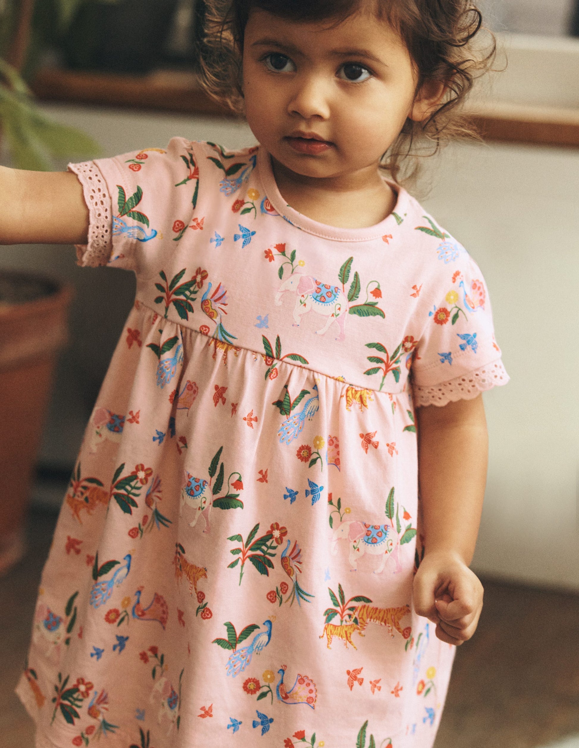 Broderie Trim Jersey Dress-Pink Tropical Animals-4