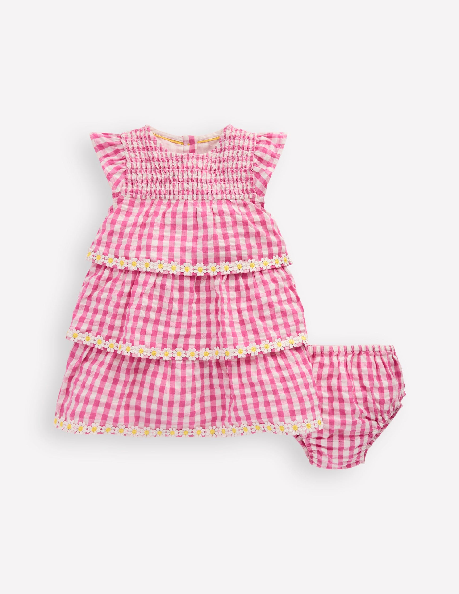 Tiered Woven Dress-Pink Gingham Daisies-1