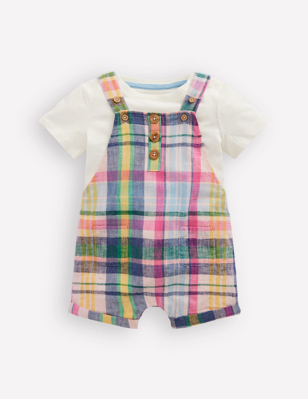 Short Woven Dungarees Set-Madras Check - Image 1