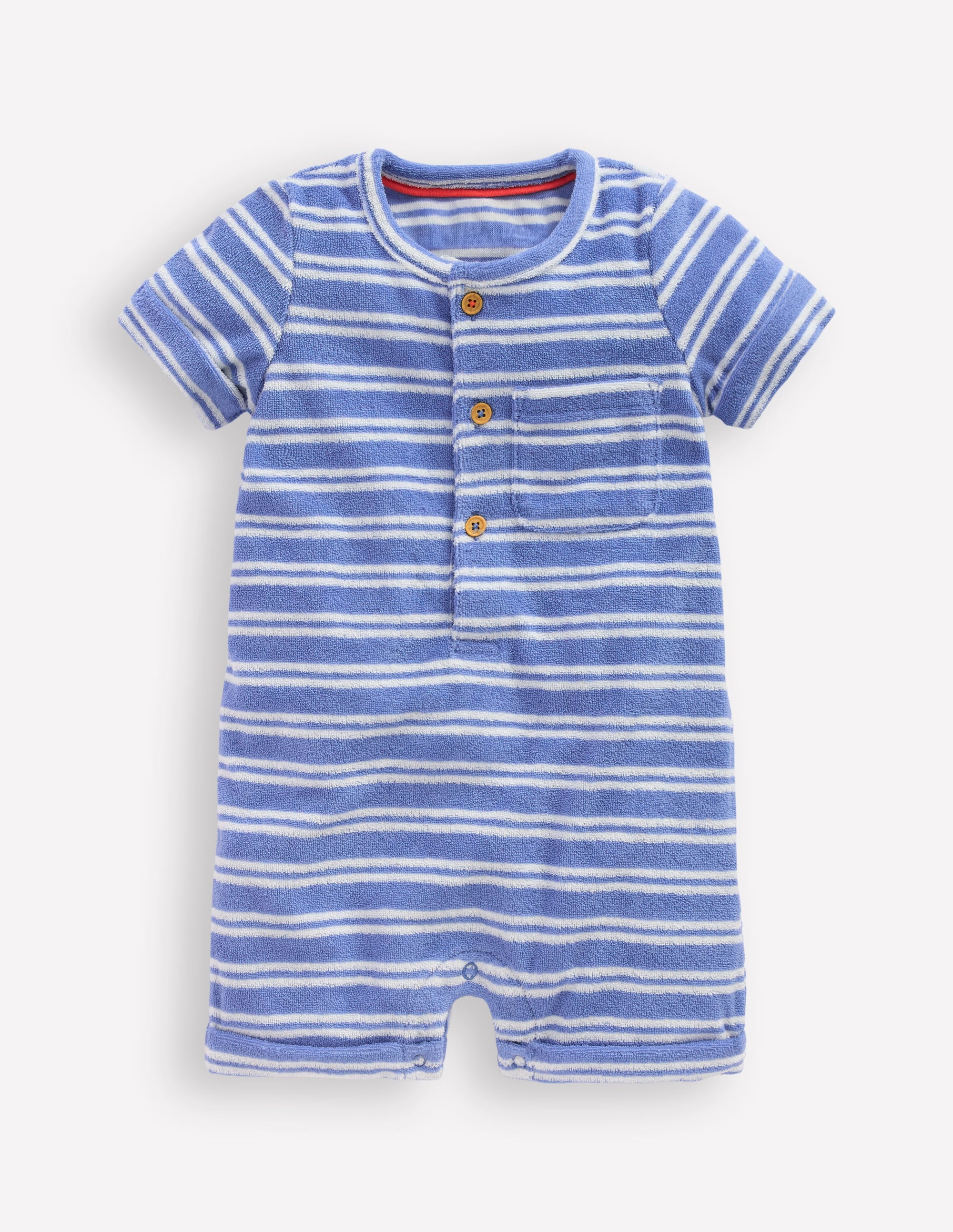 Short Sleeve Towelling Romper-Blue Stripe - Image 1