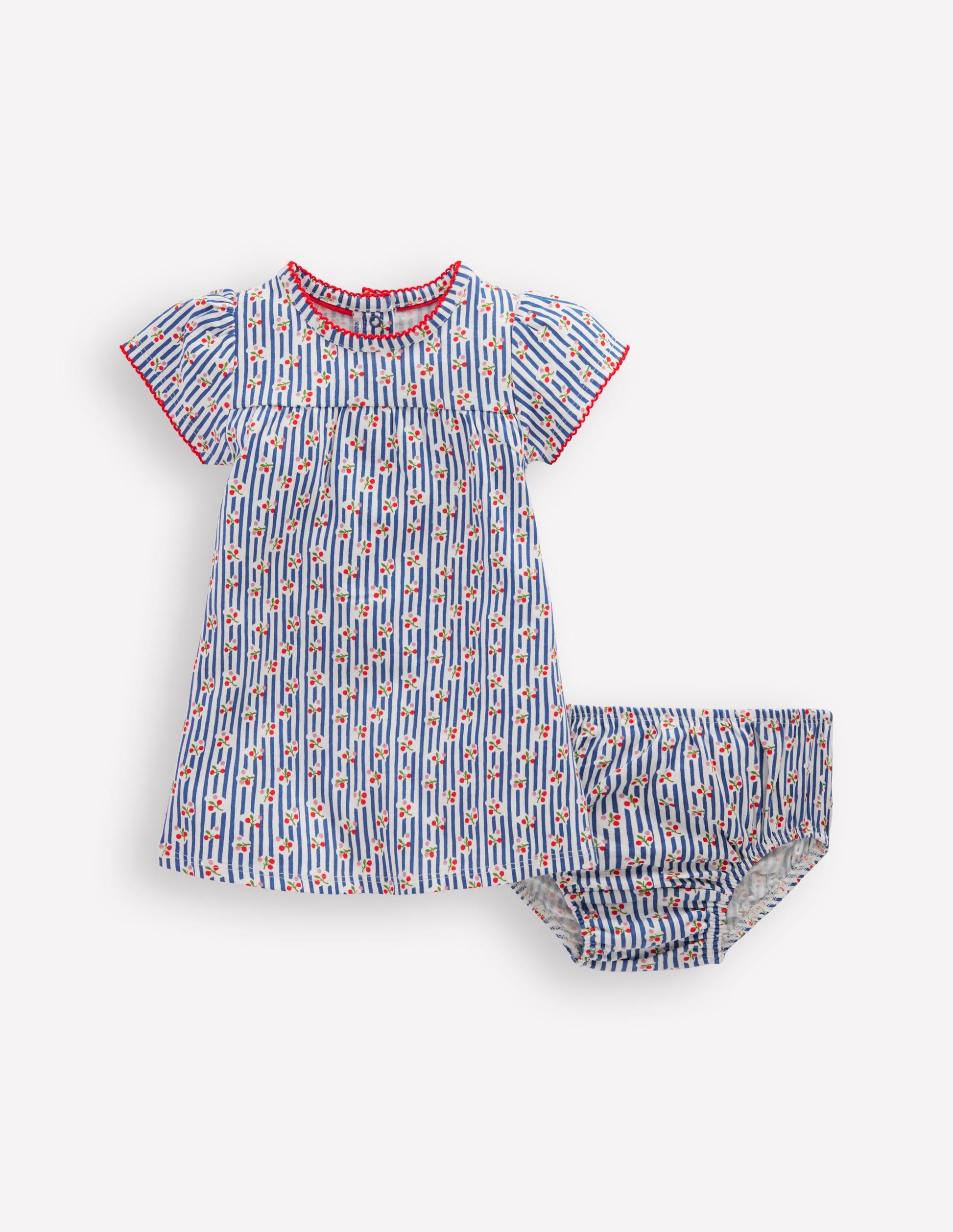 Gathered Jersey Dress-Bluejay Cherry Stripe-1