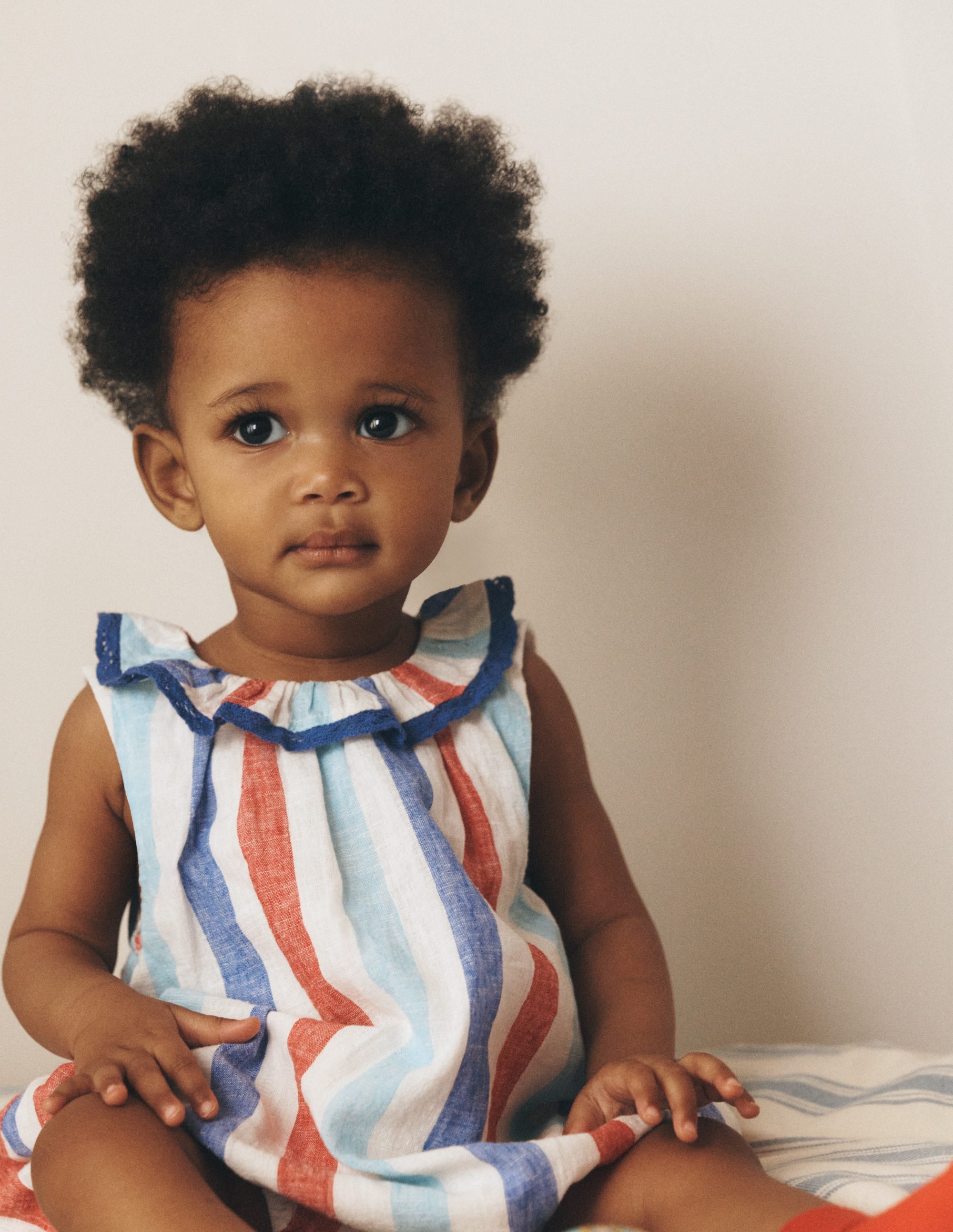 Frill Neck Bubble Romper-Red and Blue Multi Stripe - Image 1