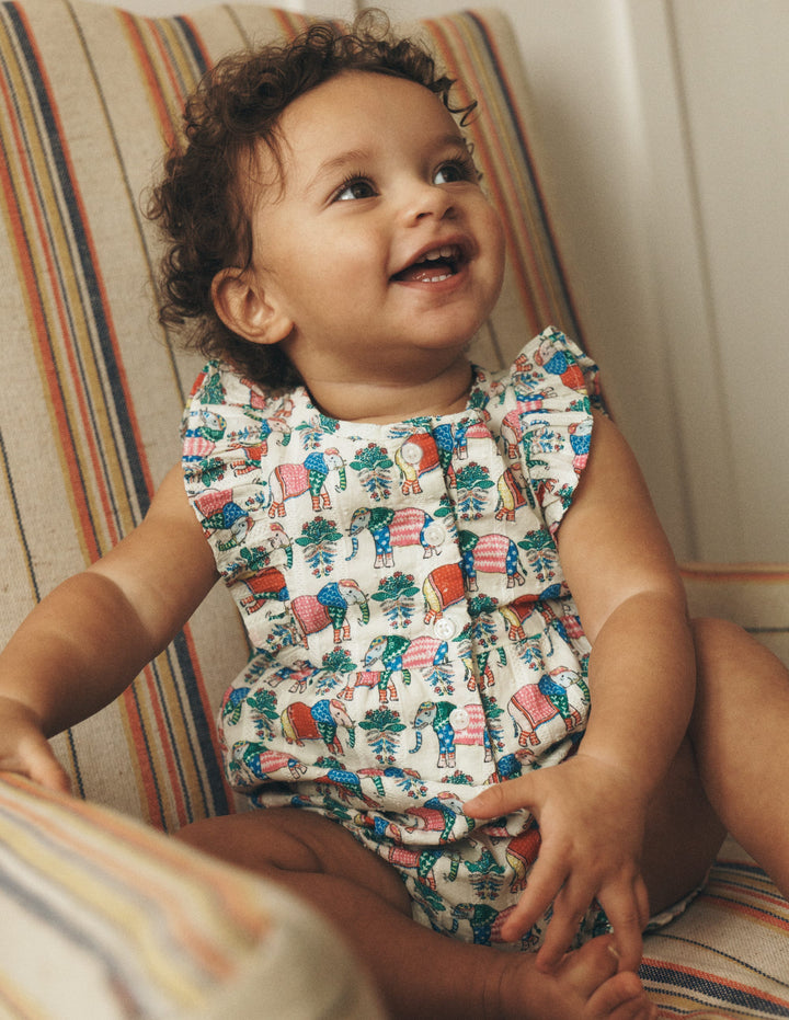 Short Frill Bubble Romper-Multi Elephant Woodblock