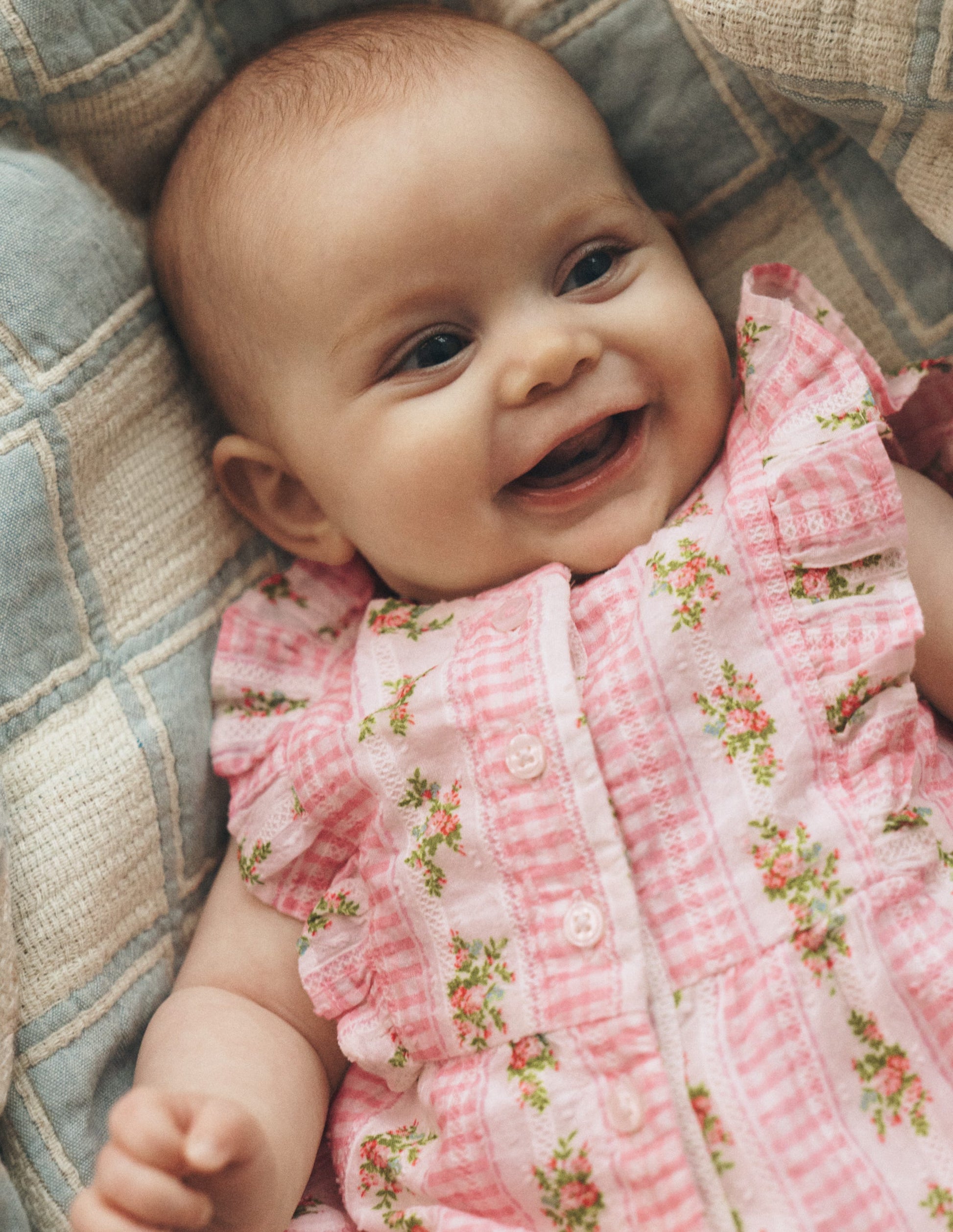 Short Frill Bubble Romper-Pink Gingham Floral-1