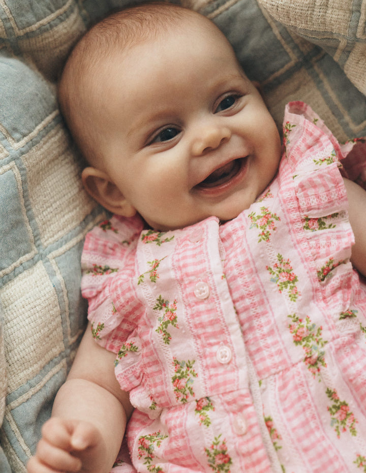 Short Frill Bubble Romper-Pink Gingham Floral