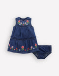 Tiered Ruffle Dress-Chambray Embroidery