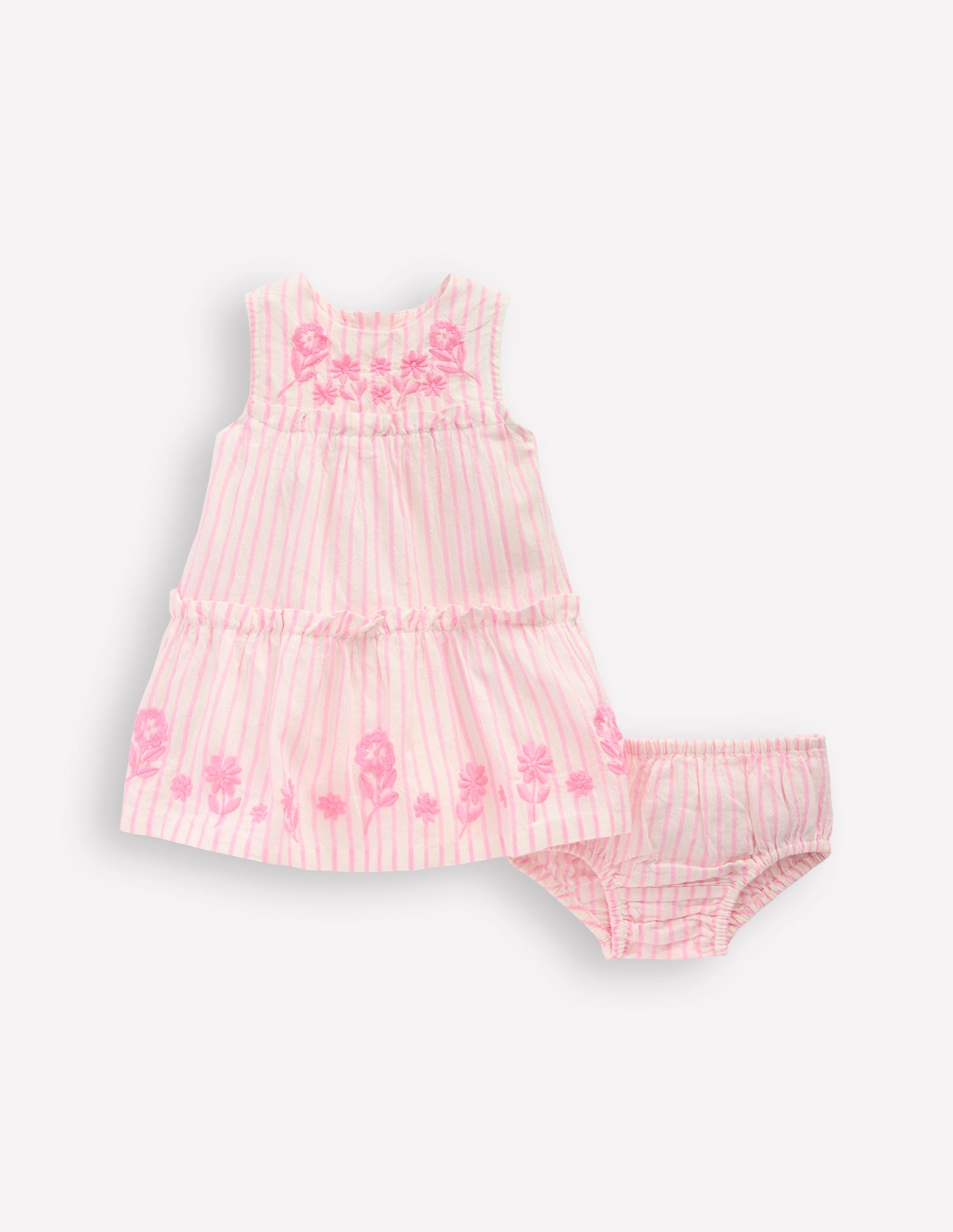 Tiered Ruffle Dress-Pink Embroidered Stripe-1