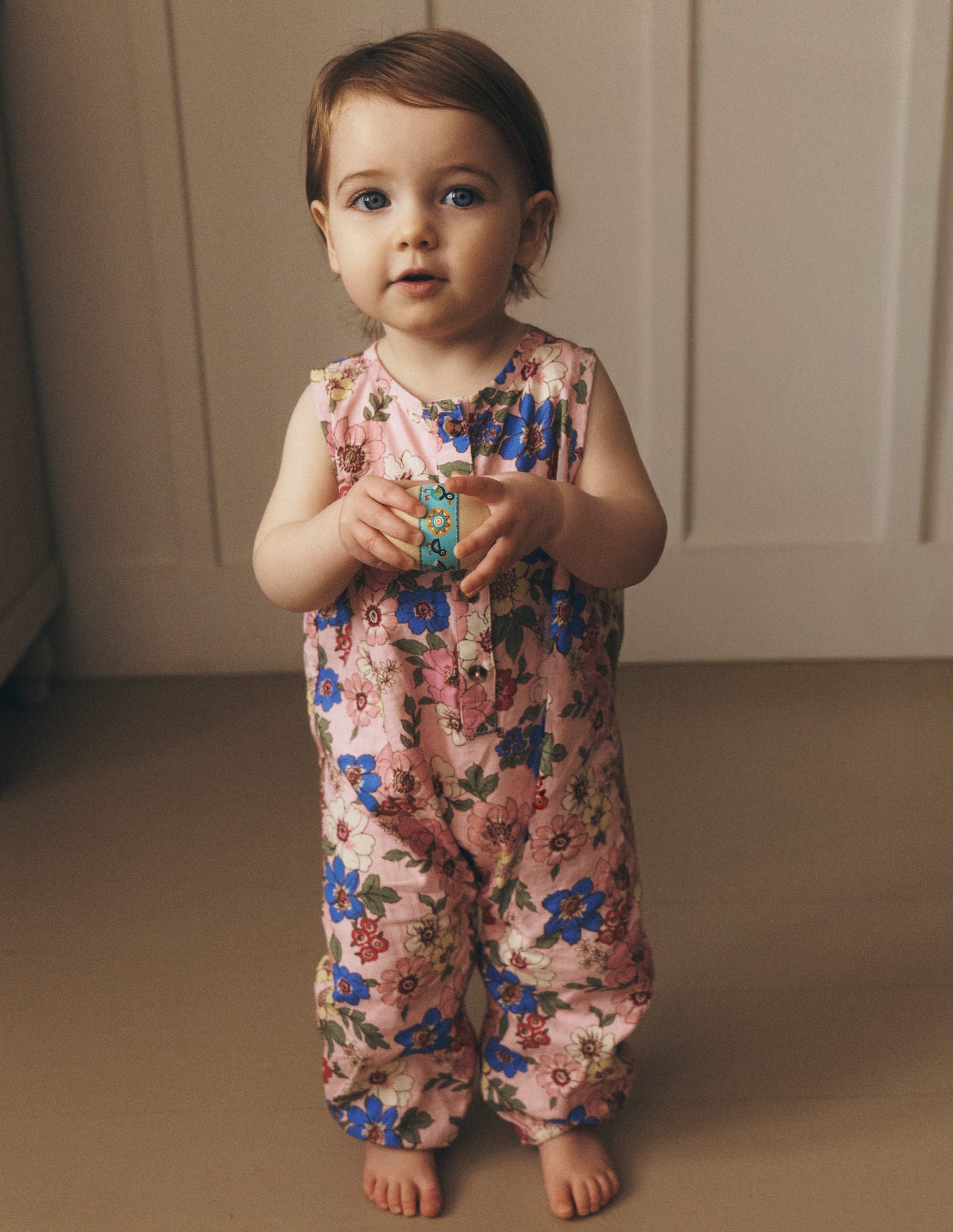 Girls Button Down Romper-Mid Pink Floral-4