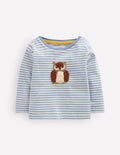 Long Sleeve Appliqué T-shirt-Blue Owl