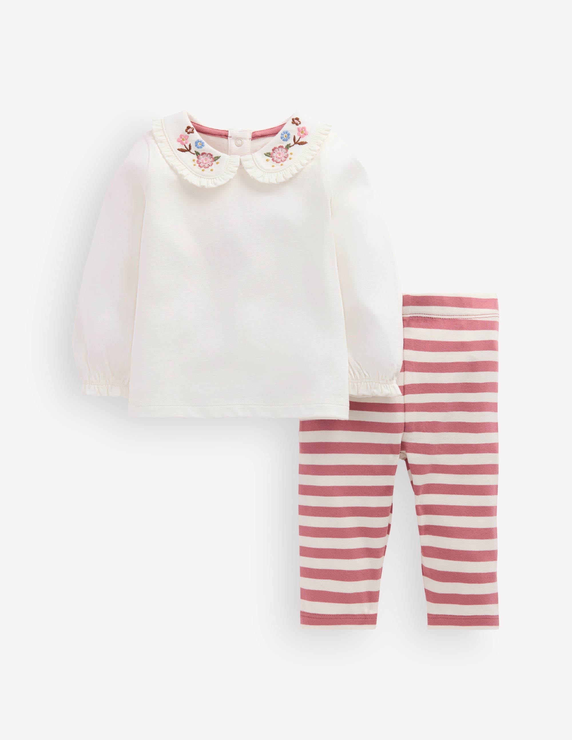 Collared Jersey Set-Ivory/Pink Embroidered - Image 1