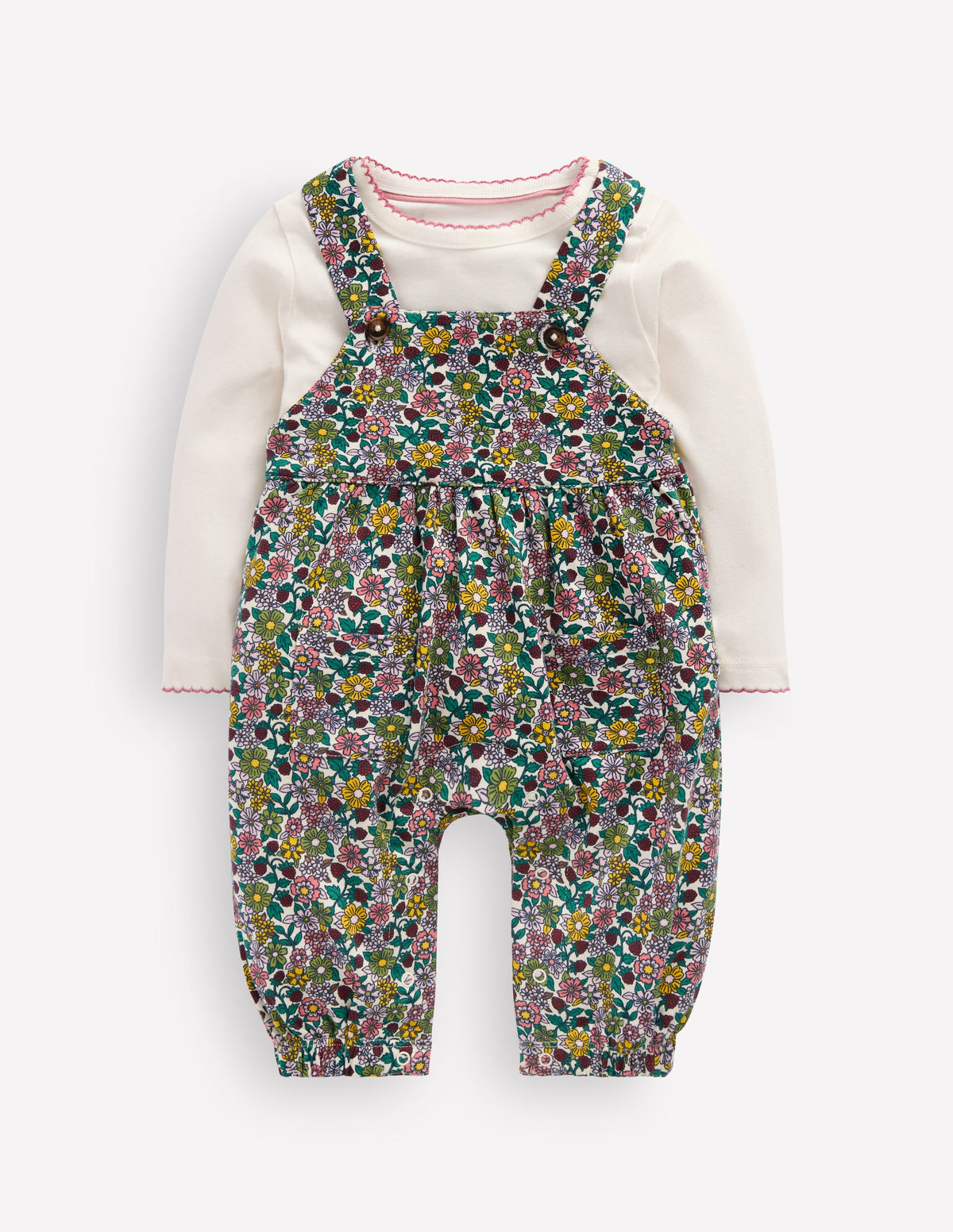 Jersey Dungarees Set-Raspberry Multi Floral - Image 1