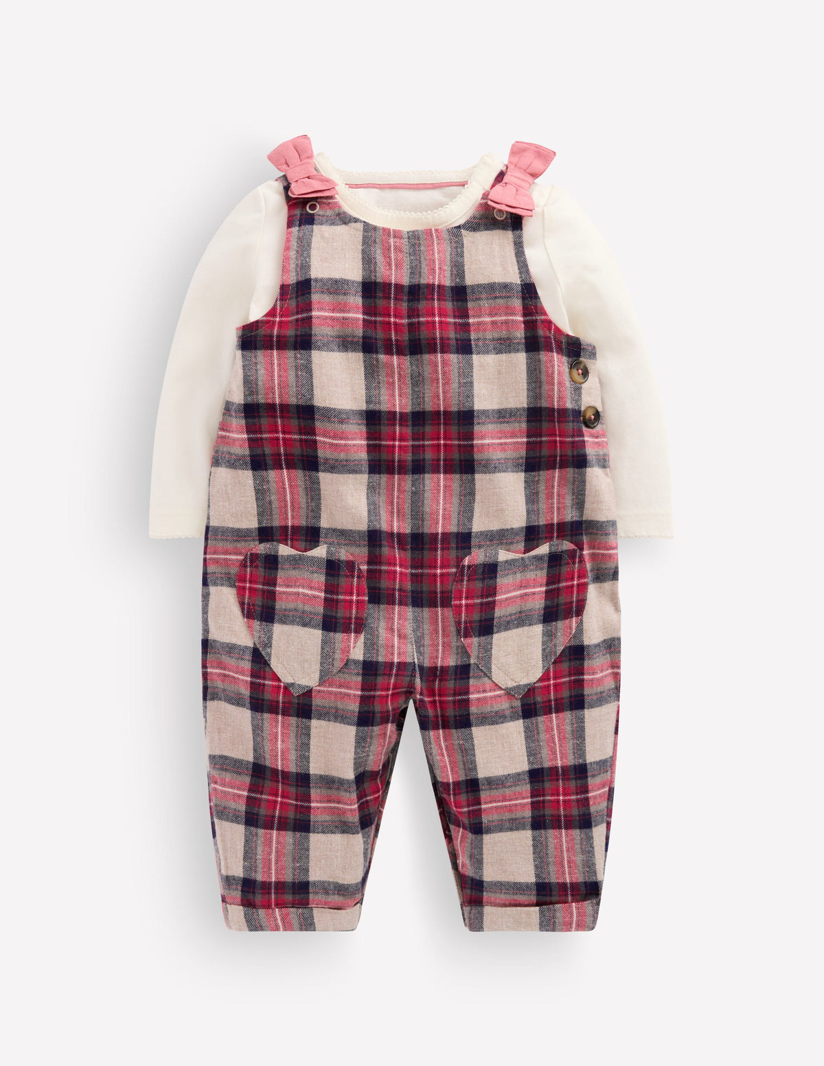 Woven Dungarees Set-Oatmeal Check - Image 1