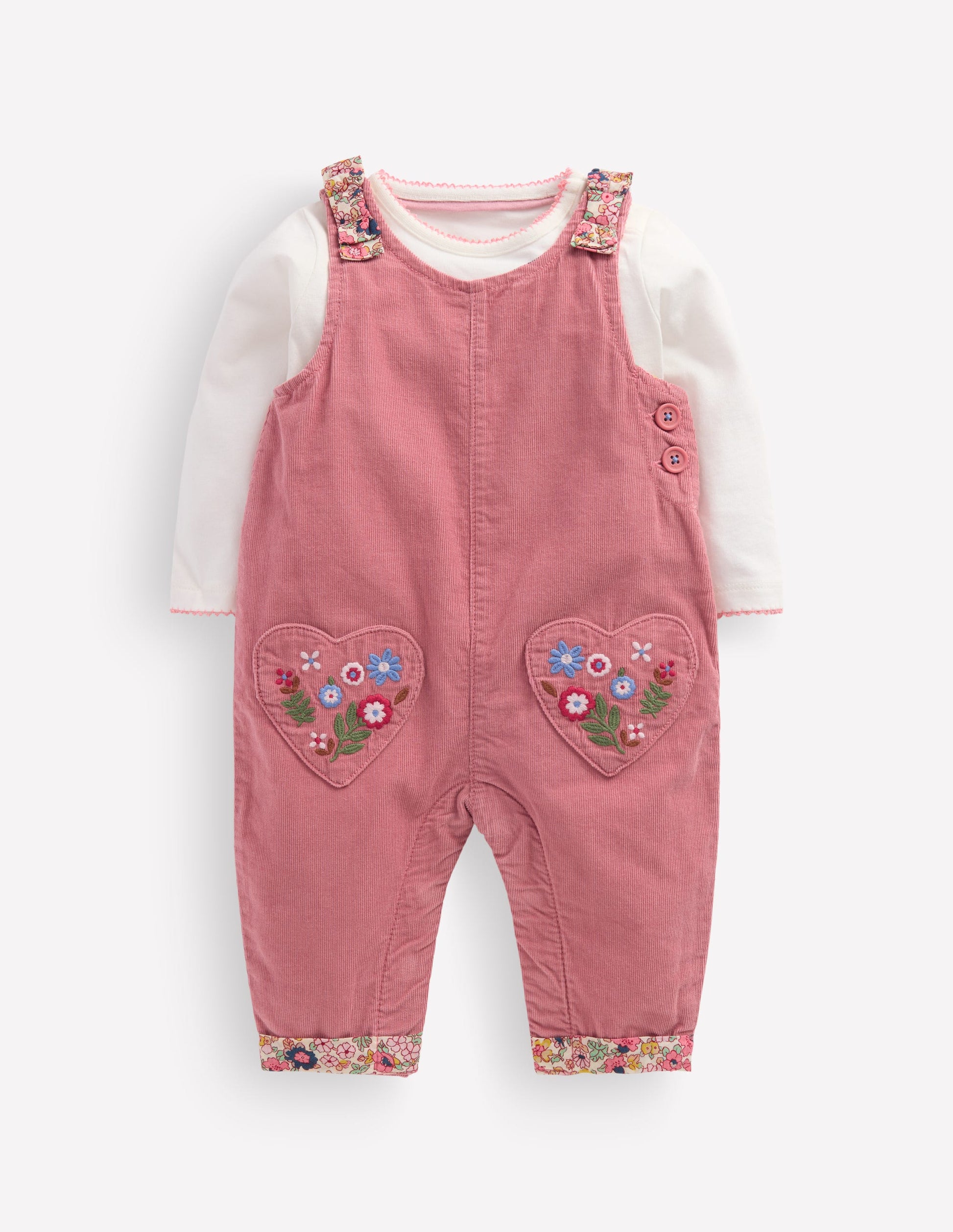 Woven Dungarees Set-Formica Pink Floral Embroidery-1