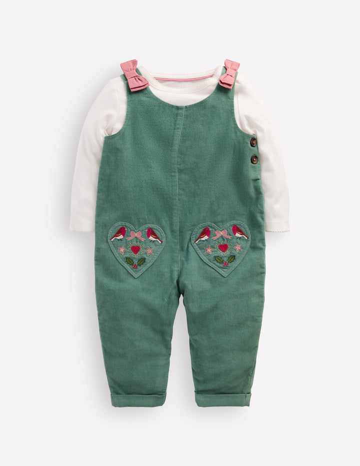Woven Dungarees Set-Larch Green Festive Embroidery