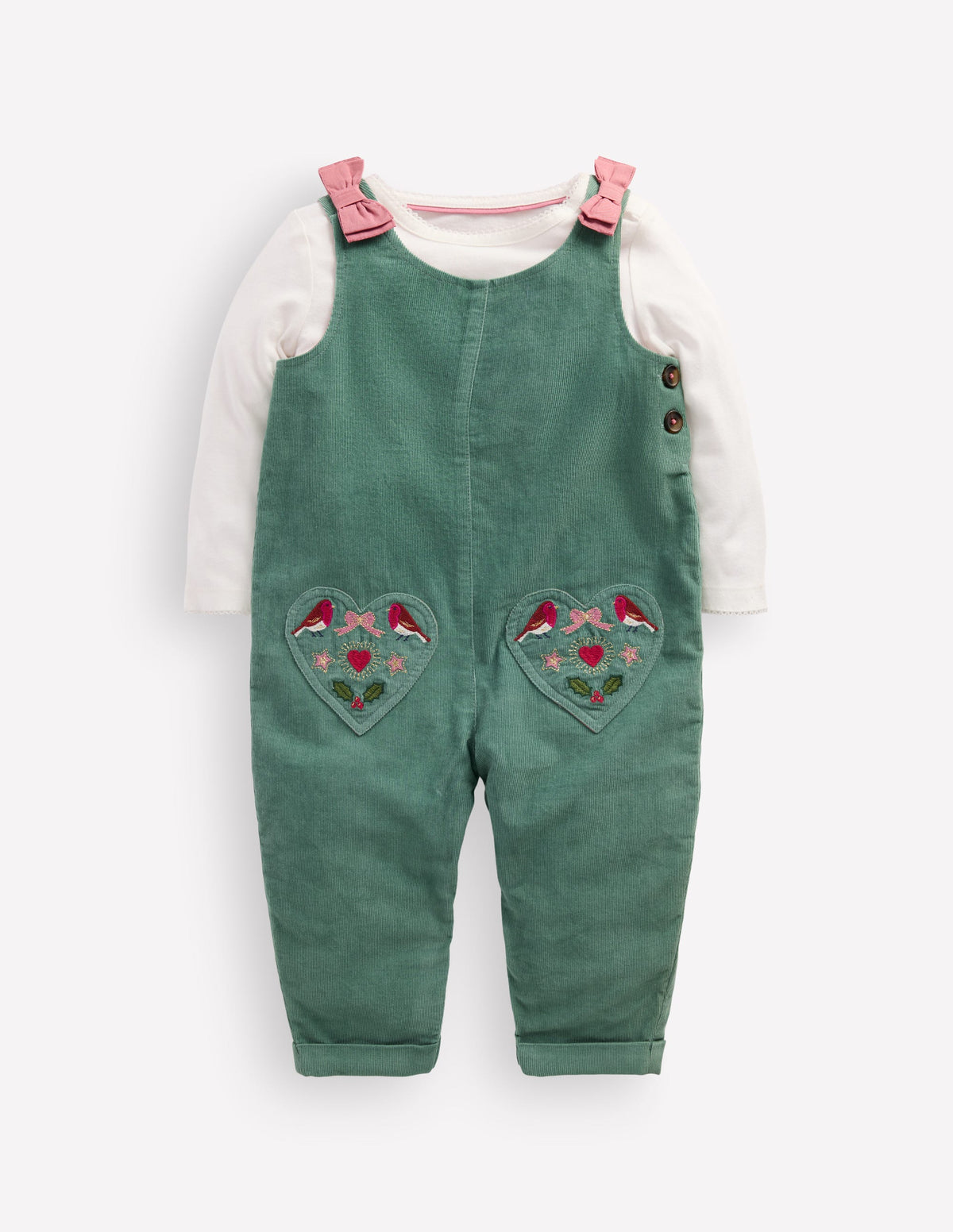 Woven Dungarees Set-Larch Green Festive Embroidery - Image 1