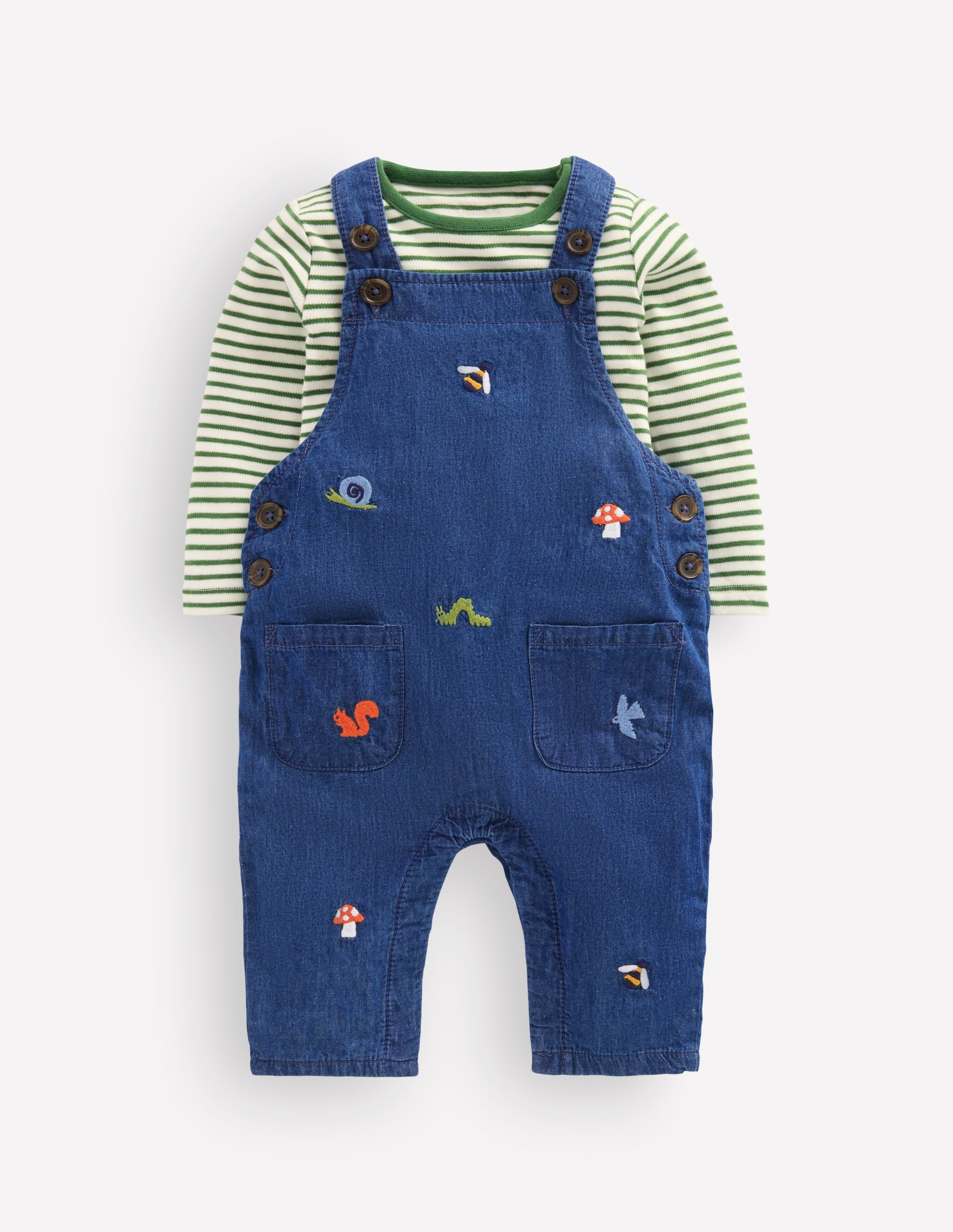 Woven Dungarees Set-Denim Woodland Embroidery - Image 1