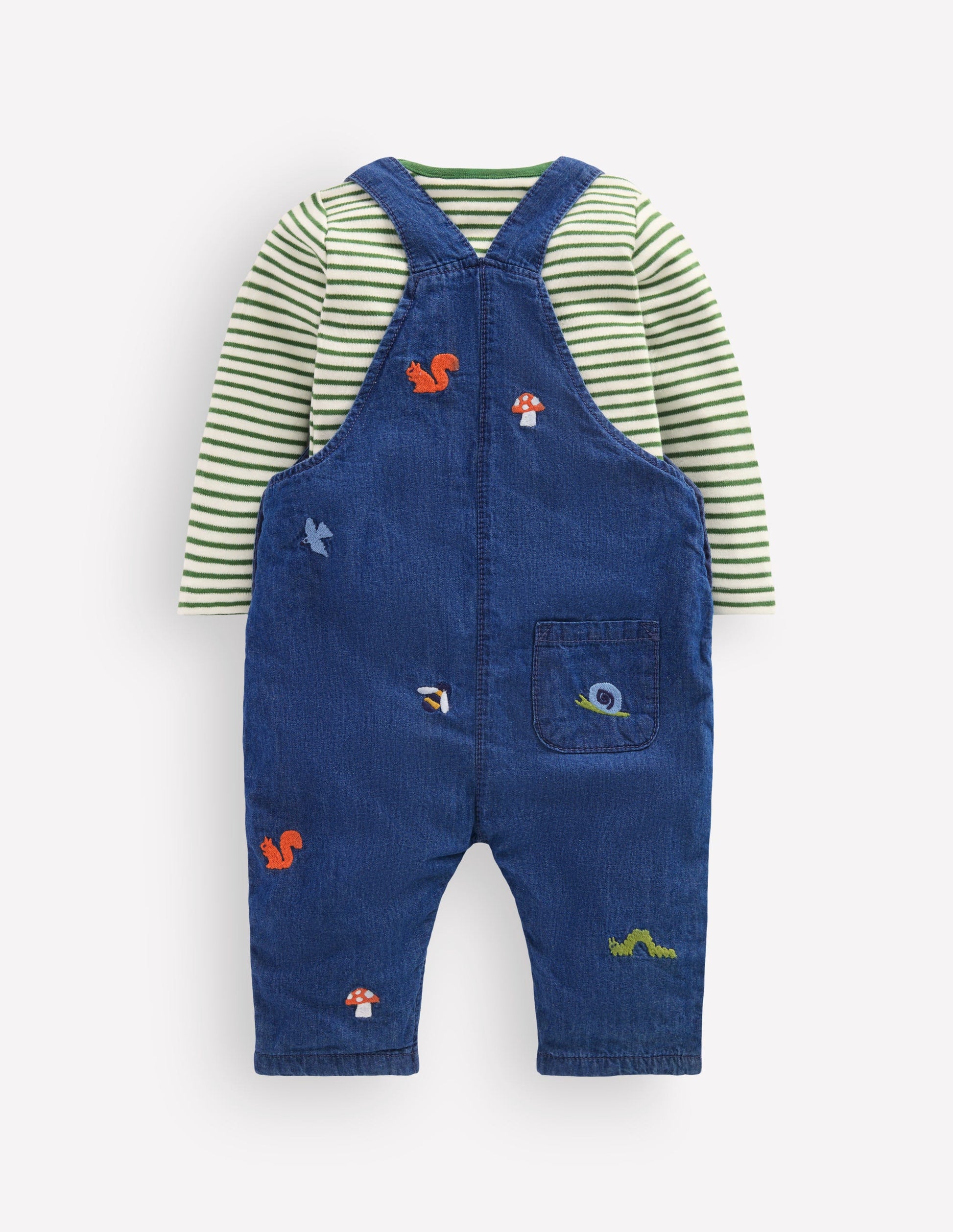 Woven Dungarees Set-Denim Woodland Embroidery-2
